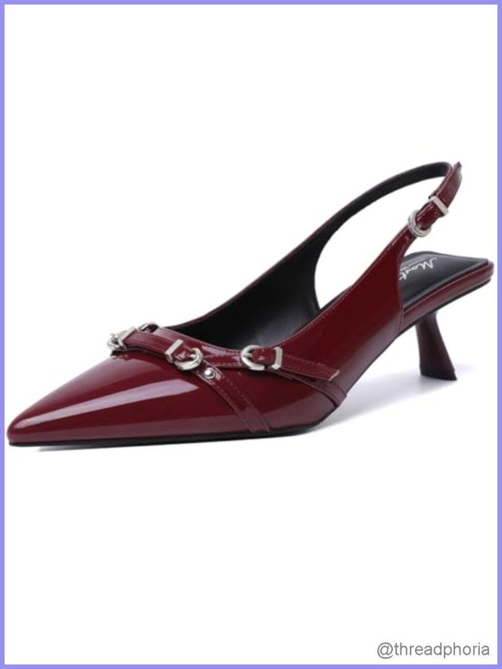Patent Leather Kitten Heels for Women Pointed Toe Slingback Pumps with Buckle